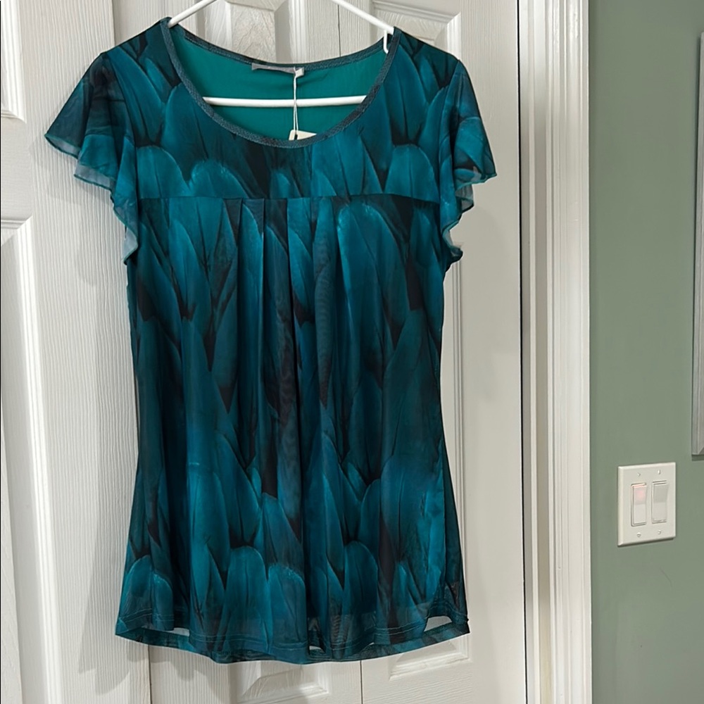 Elegant Teal Feather Print Blouse